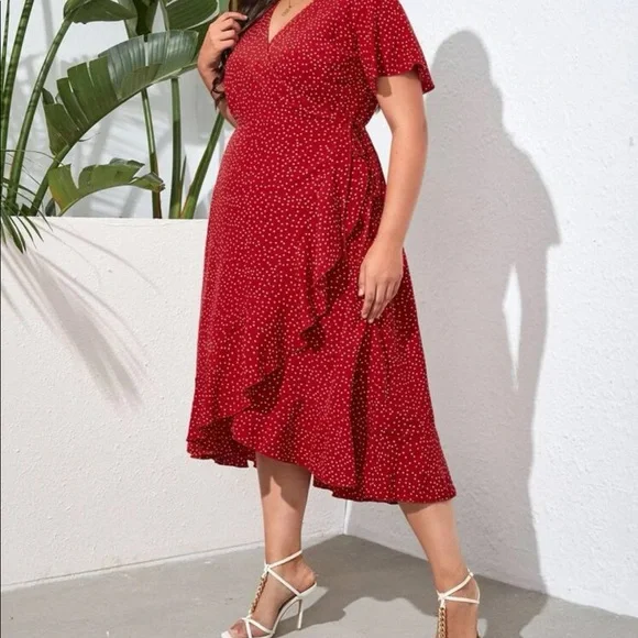 Boho plus size red polka dot ruffle hem size tie midi dress